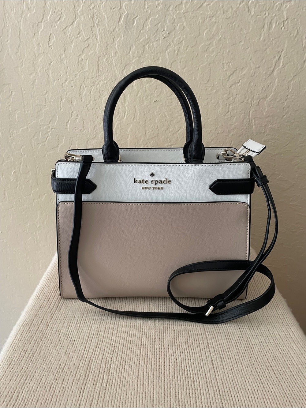 kate spade Beige, White & Black Leather Satchel